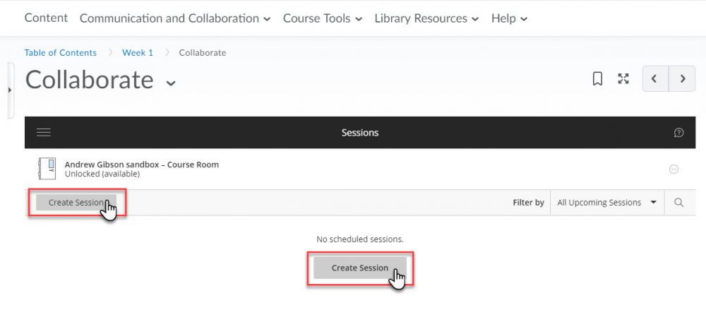 Create a Collaborate session button